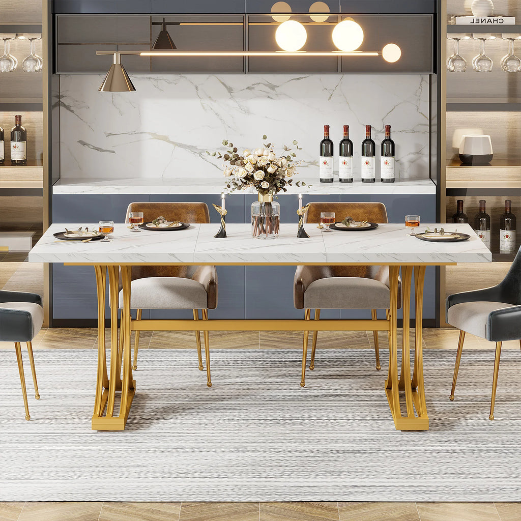 Modern Rectangular Dining Table with Faux Marble Top and Metal Base