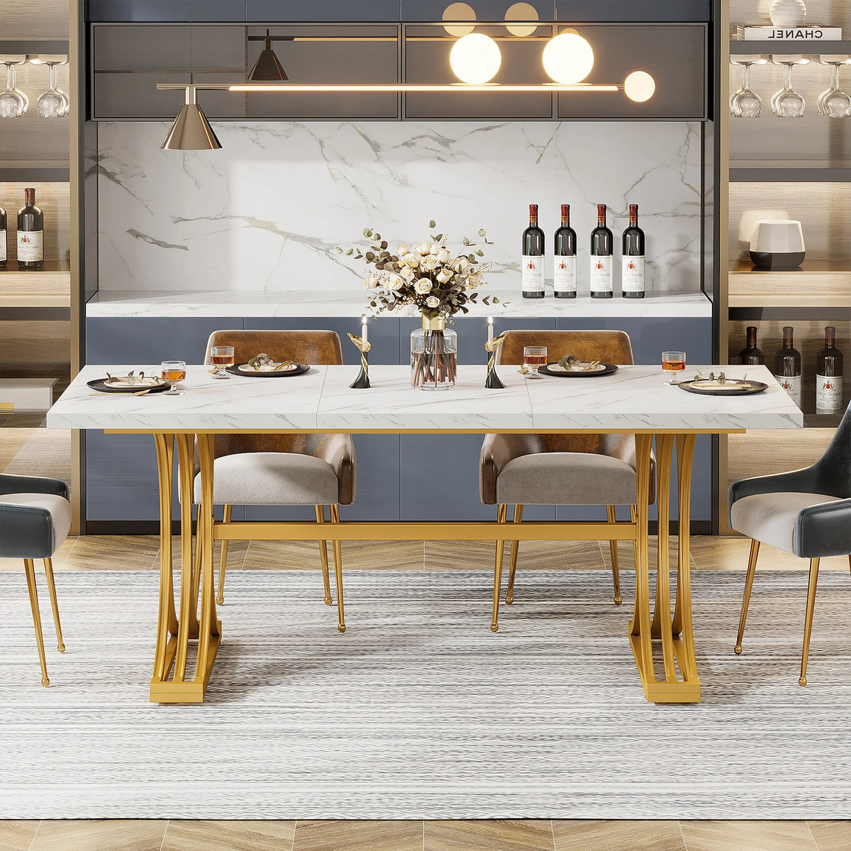 Modern Rectangular Dining Table with Faux Marble Top and Metal Base