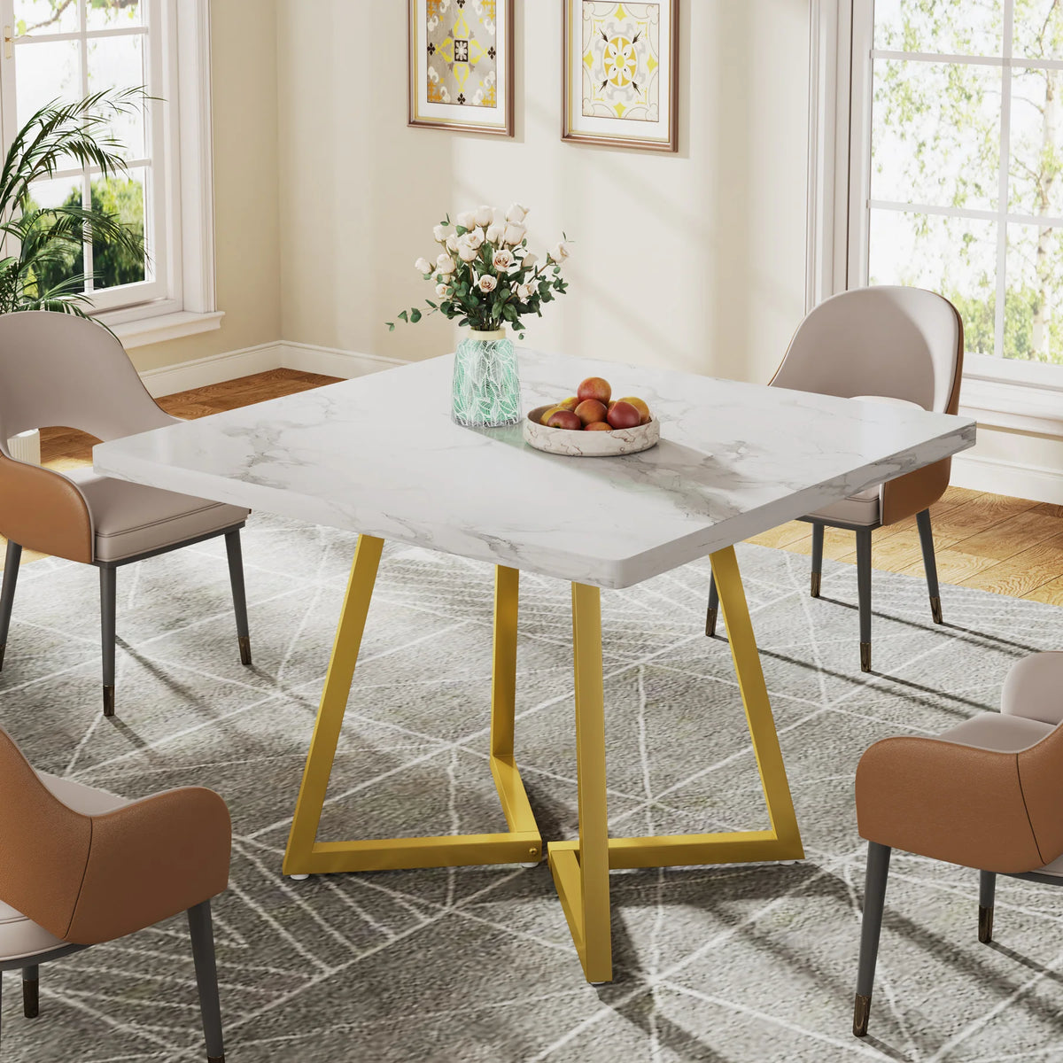 Square Industrial Dining Table with Wooden Top and Metal Base