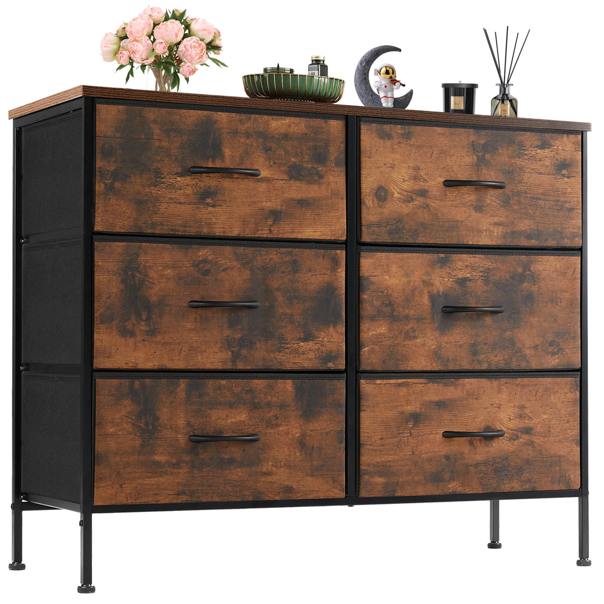 6-Drawer Fabric Nightstand Bedside Table with Metal Frame and Wooden Top