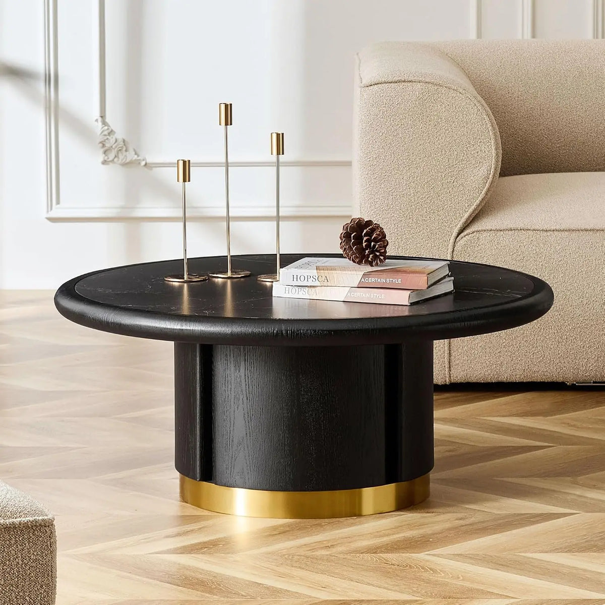80 cm Modern Round Coffee Table with Sintered Stone Top Wood Veneer Tiered Base Living Room Furniture