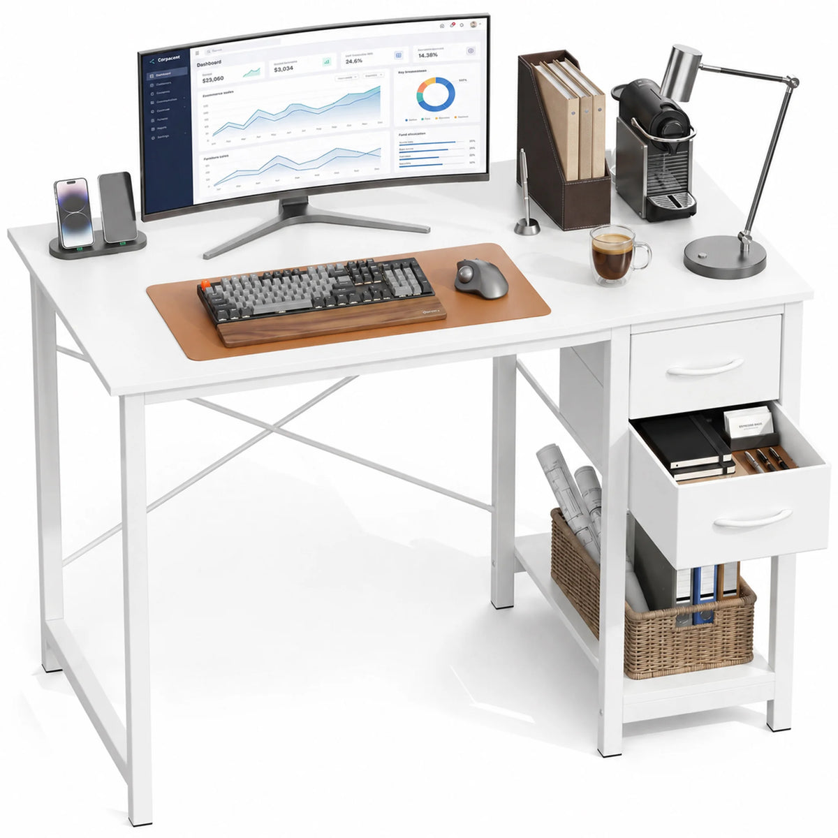 40 Inch Standing Office Desk with Drawers and Side Hook Ergonomic Gaming Desk with Storage X-Frame Stability for Home Office Small Space