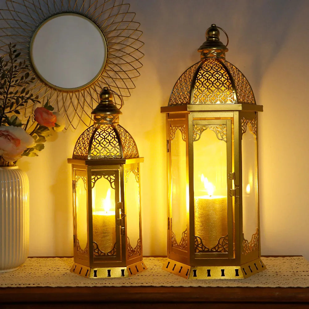 Vintage Gold Metal Candle Lantern Tabletop Ornament for Home Decor