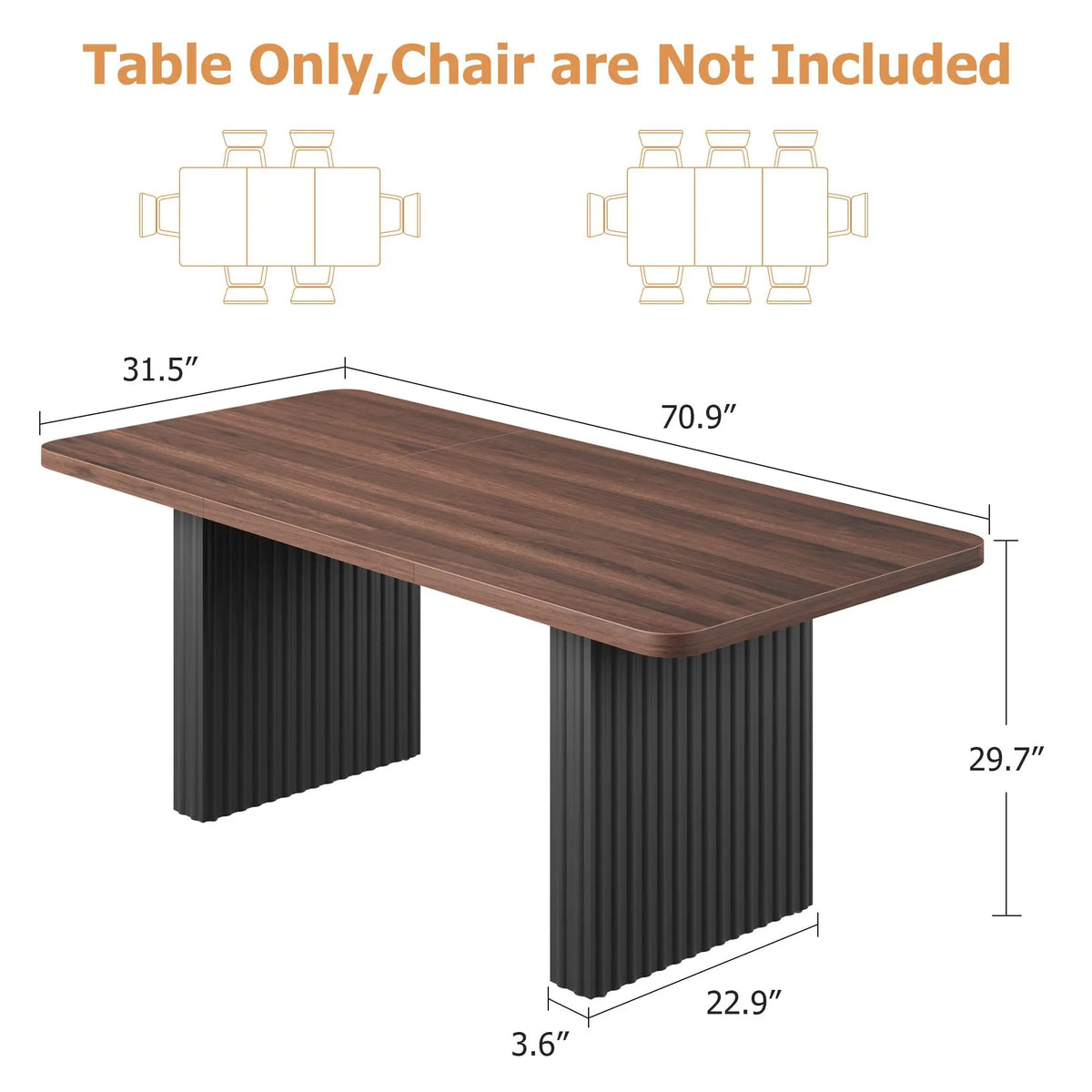 Modern Rectangular Dining Table with Wooden Top and Fluted Metal Legs