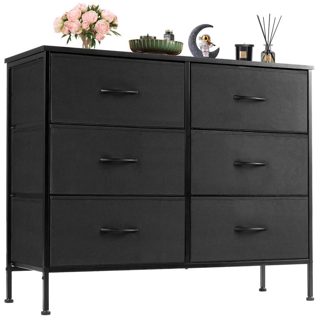 6-Drawer Fabric Nightstand Bedside Table with Metal Frame and Wooden Top