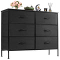 6-Drawer Fabric Nightstand Bedside Table with Metal Frame and Wooden Top
