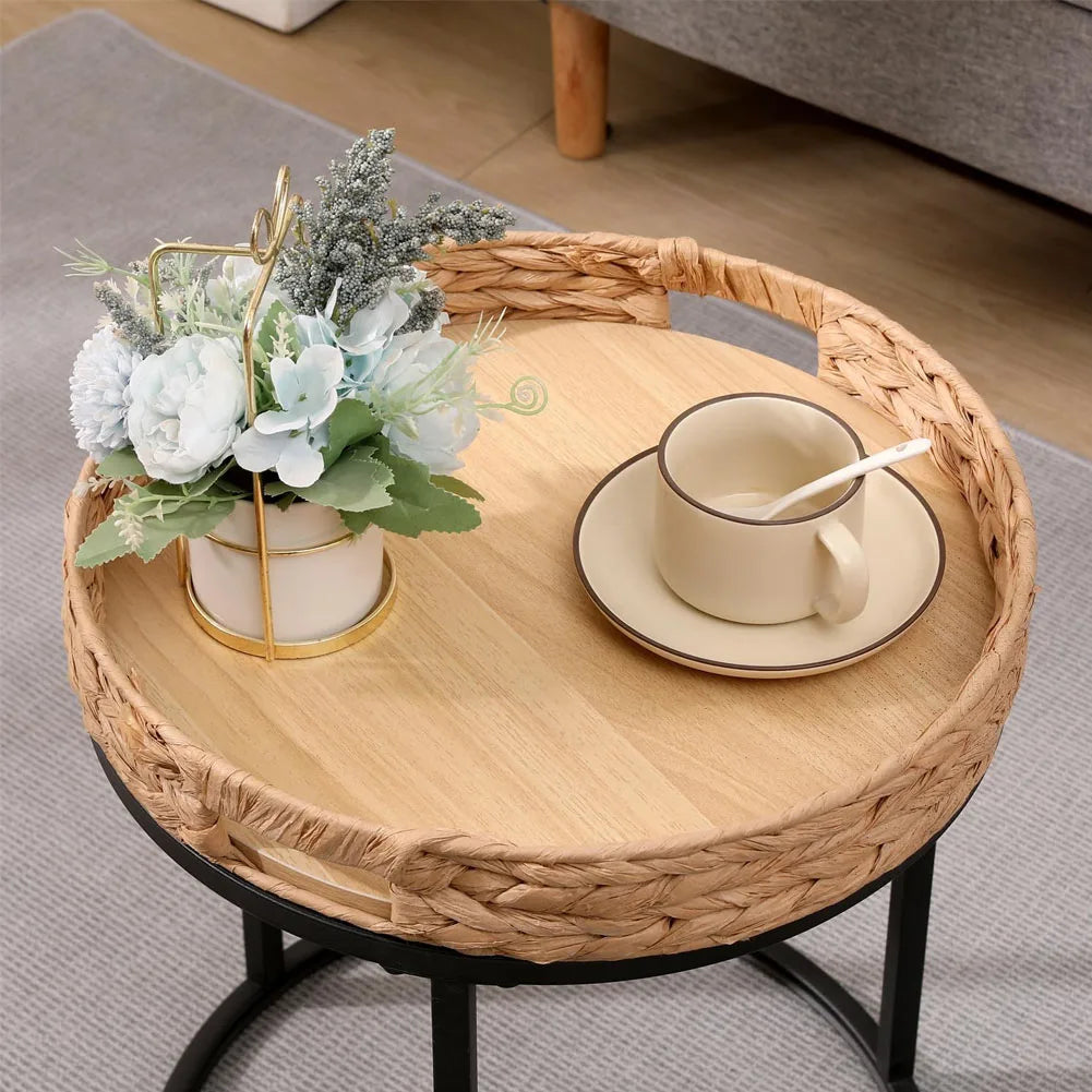 2-Piece Hand-Woven Rattan Nesting Tables Round Side Tables 40x46 cm