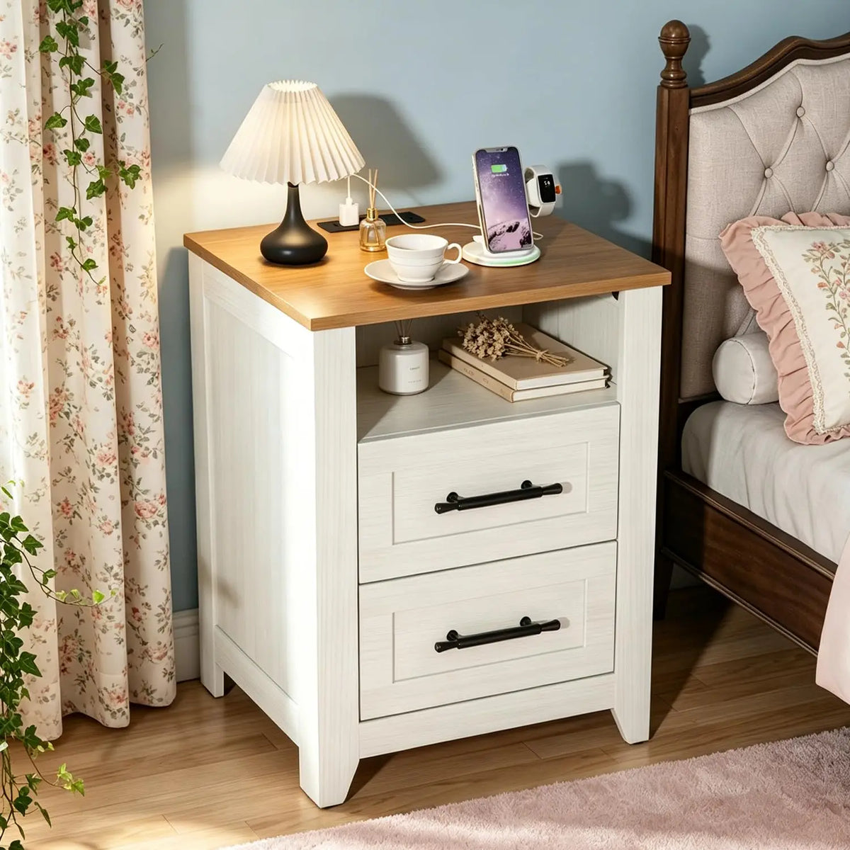 Farmhouse Nightstand with Charging Station 2 Drawers and Open Shelf Bedside Table