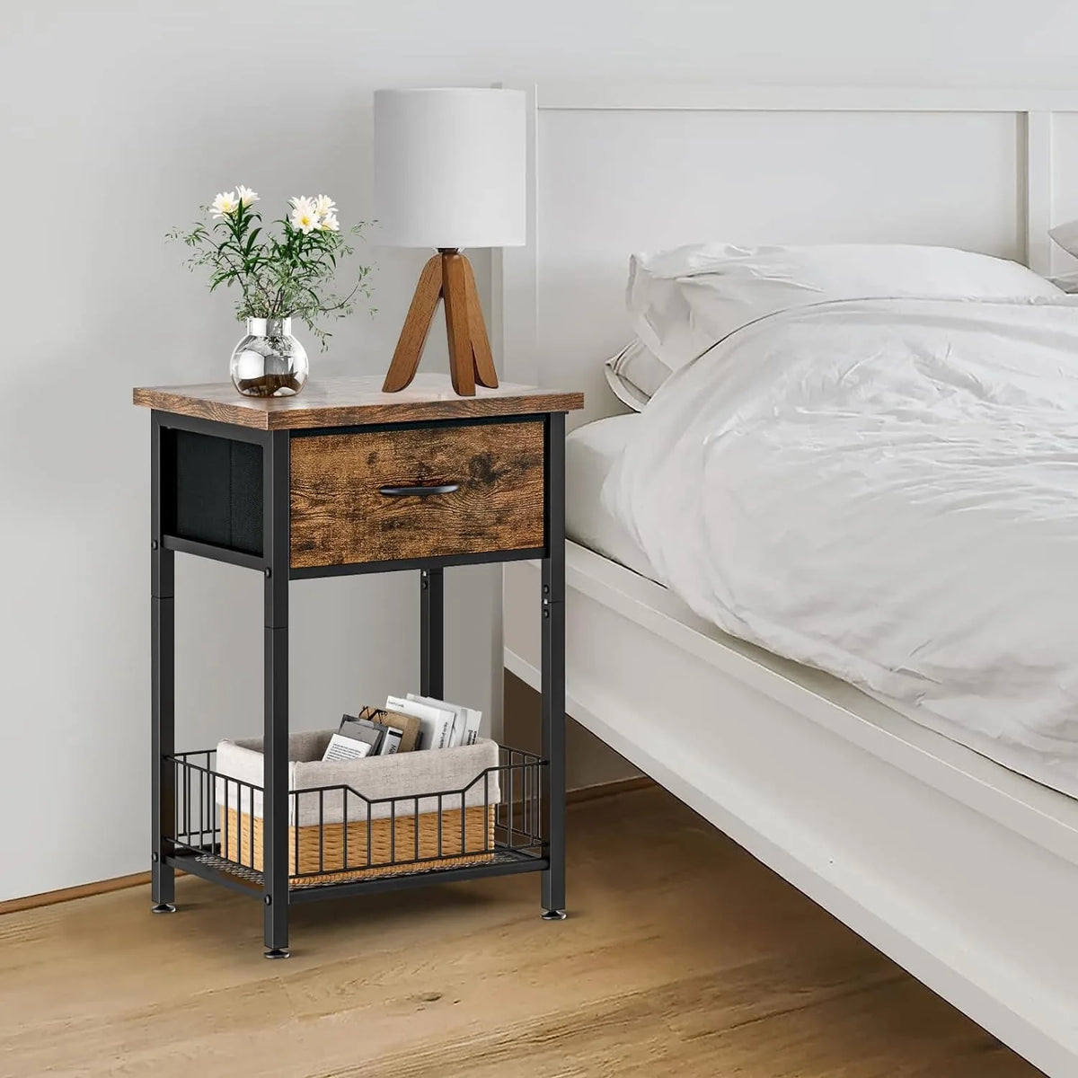 Modern Wooden Nightstand End Table with Open Shelf and Fabric Drawer