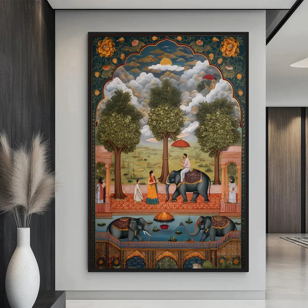 Vintage Indian Mughal Elephant Scene Canvas Painting Poster for Home Decor