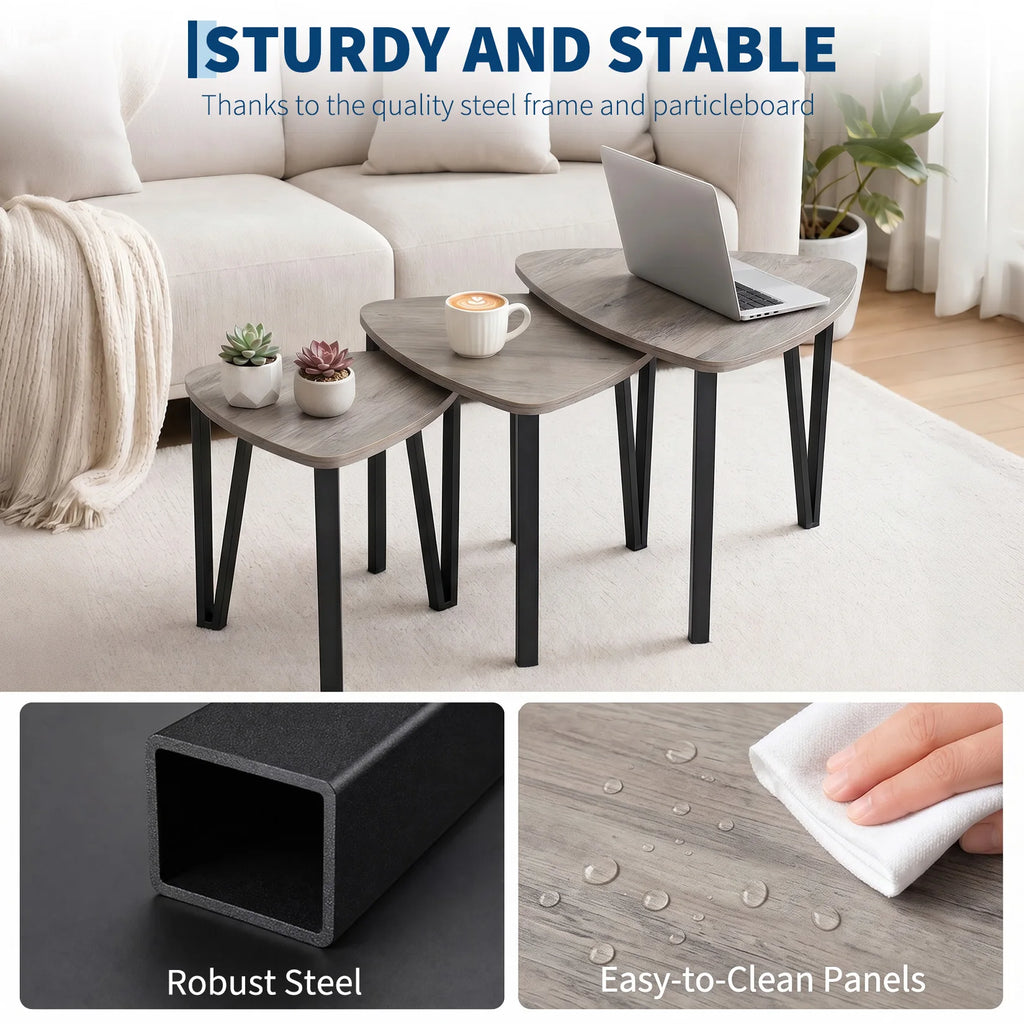 Set of 3 Industrial Triangle Nesting Coffee Tables with Metal Frame