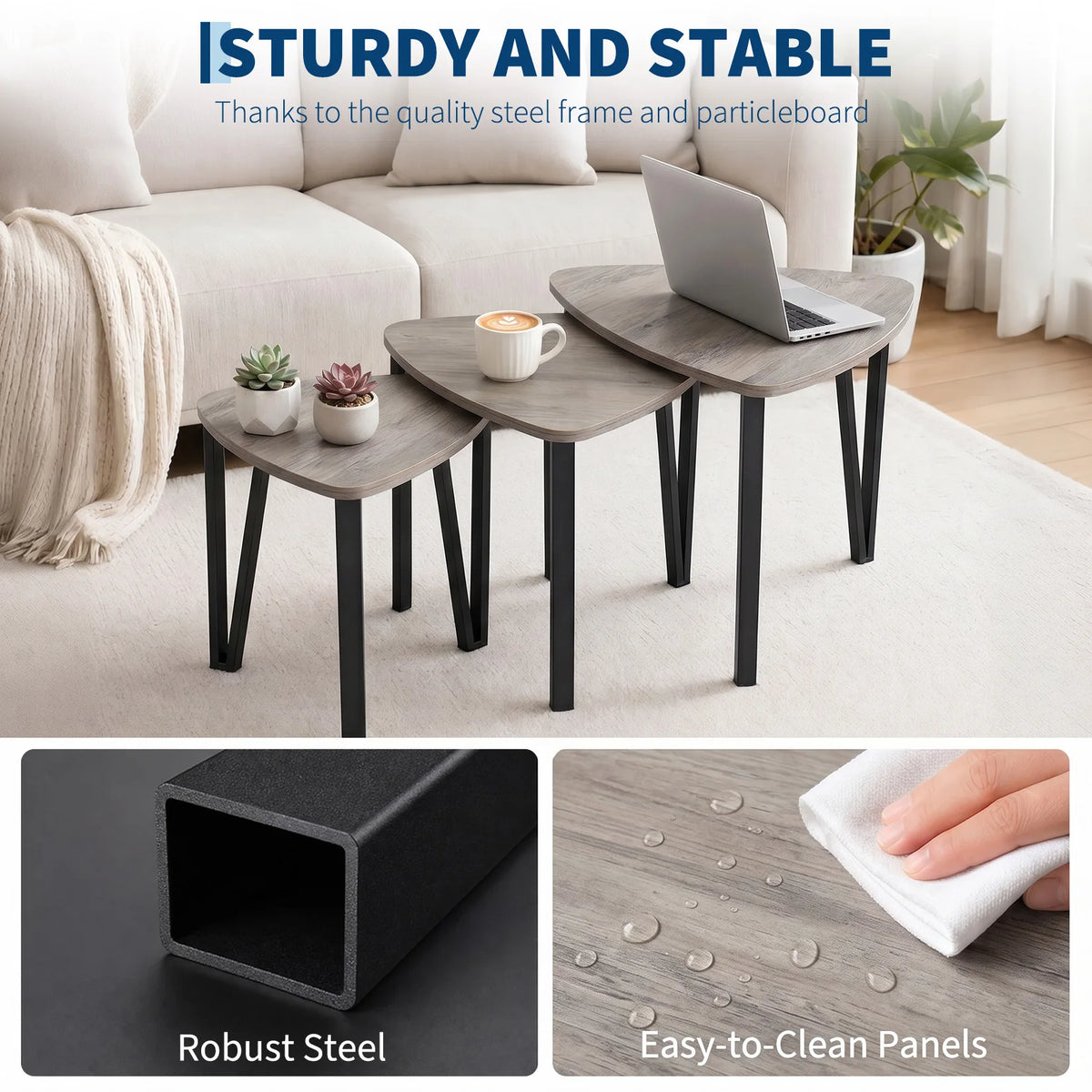 Set of 3 Industrial Triangle Nesting Coffee Tables with Metal Frame