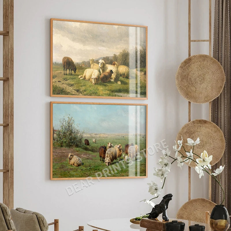 Vintage Sheep Landscape Canvas Painting Poster for Home Decor