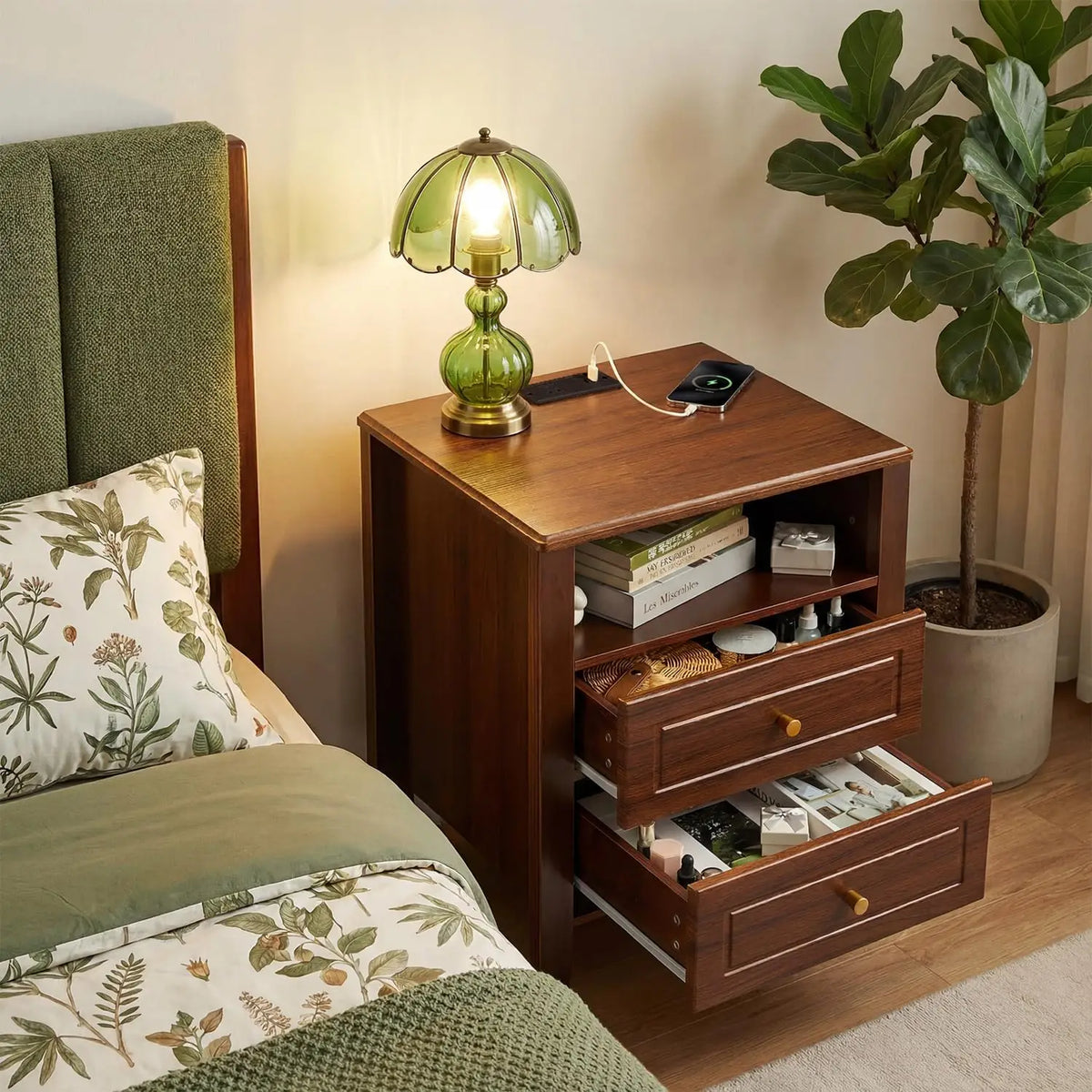 Modern Nightstand with Charging Station 2 Drawers and Open Shelf Bedside Table