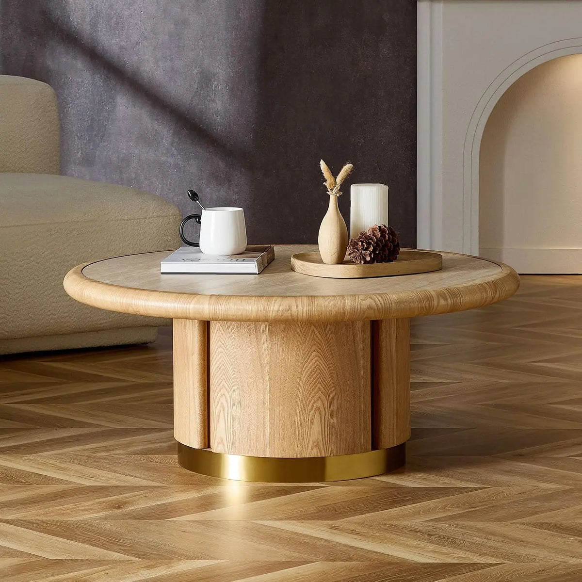 80 cm Modern Round Coffee Table with Sintered Stone Top Wood Veneer Tiered Base Living Room Furniture
