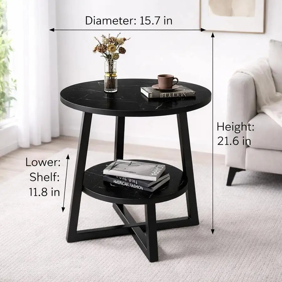 56cm Modern 2-Tier Round Side Table with Metal Frame