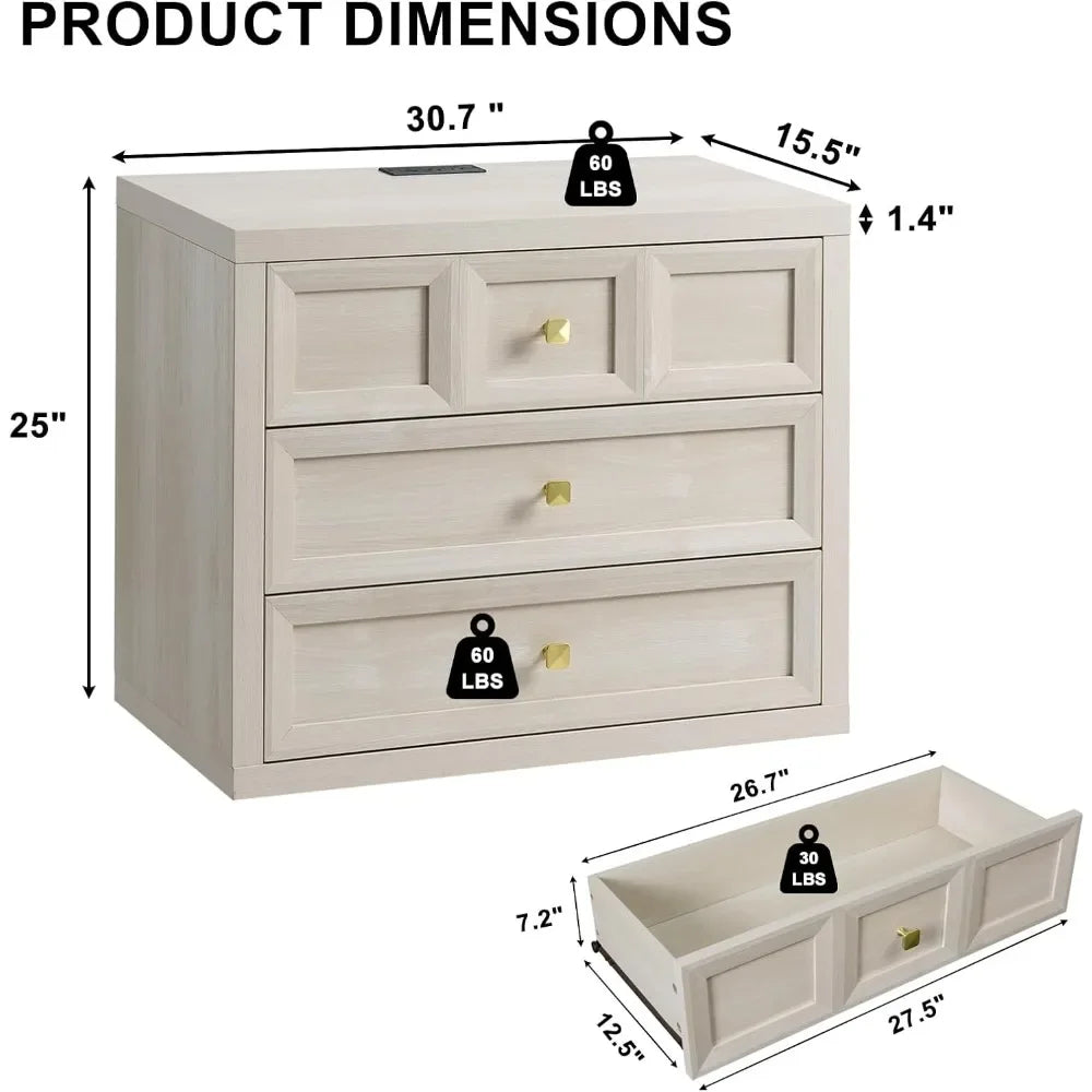 Modern 2-Piece Nightstand Set 3-Drawer Bedside Table with Charging Station