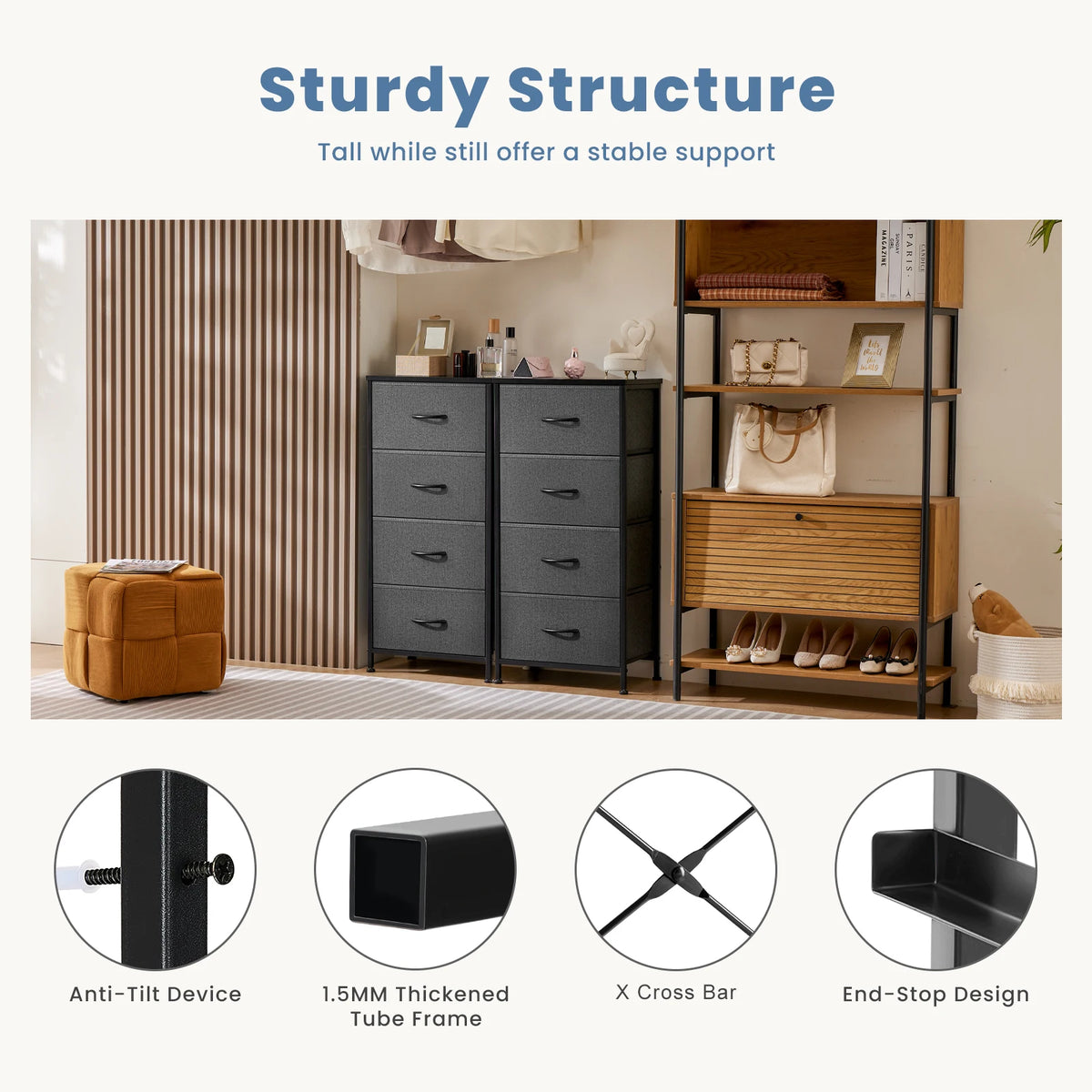 94cm Bedroom Dresser with 4 Fabric Drawers Steel Frame Storage Cabinet