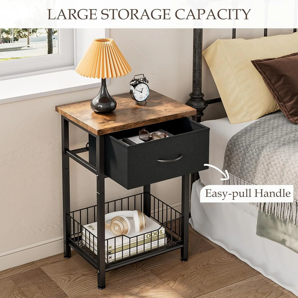 Modern Wooden Nightstand End Table with Open Shelf and Fabric Drawer