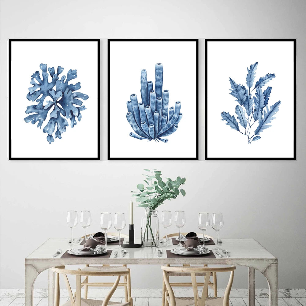 Coastal Blue Coral Watercolor Canvas Painting Poster for Home Decor