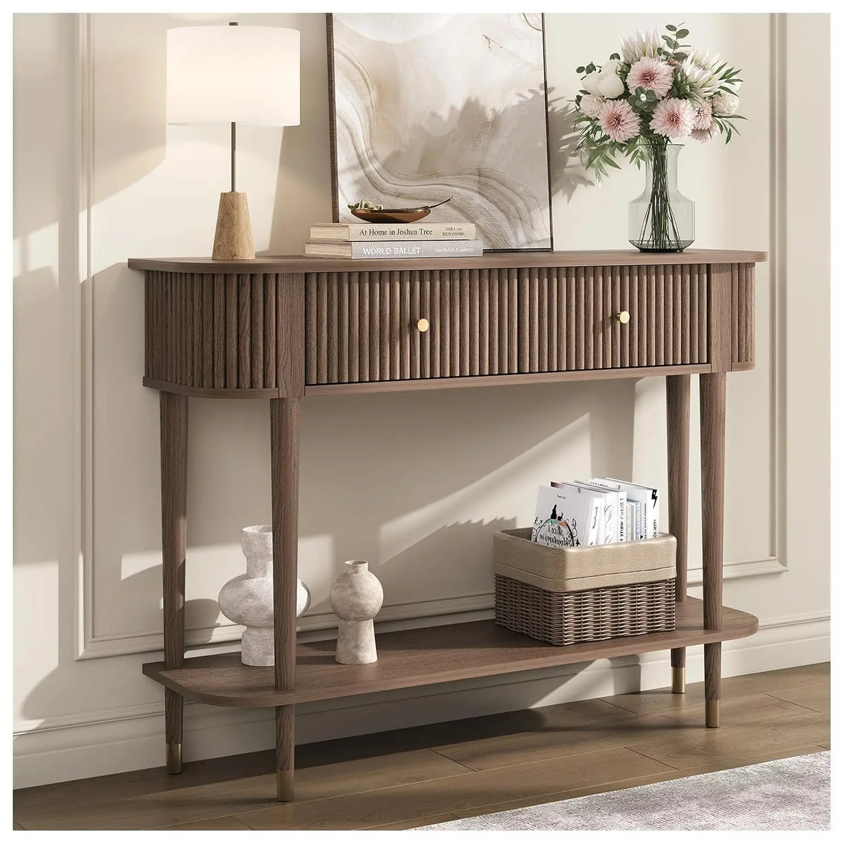 43-Inch Narrow Console Table with Drawers and Shelf Solid Wood Legs Entryway Behind Couch Furniture