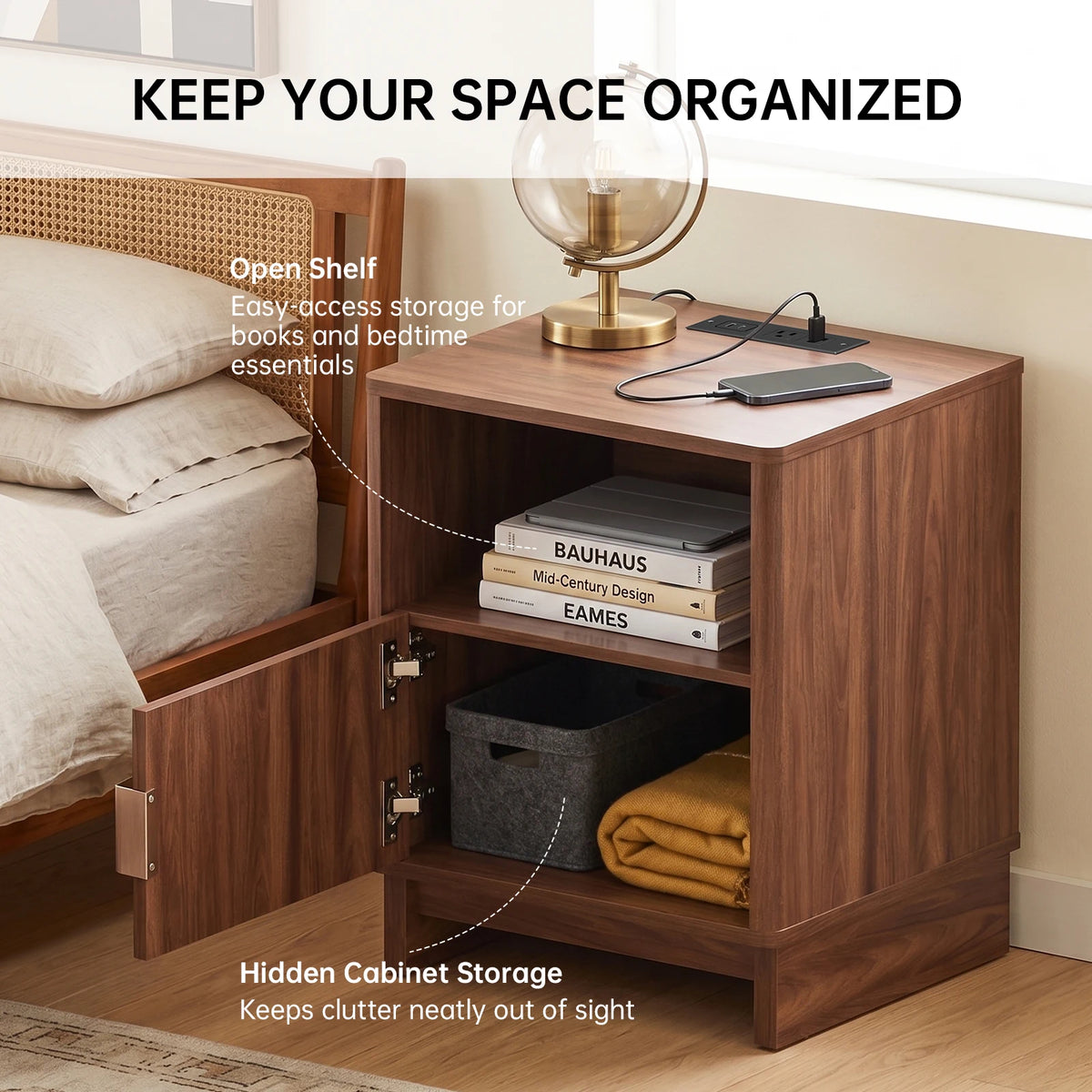 45cm Modern Fluted Bedside Table Wooden Nightstand with Charging Station