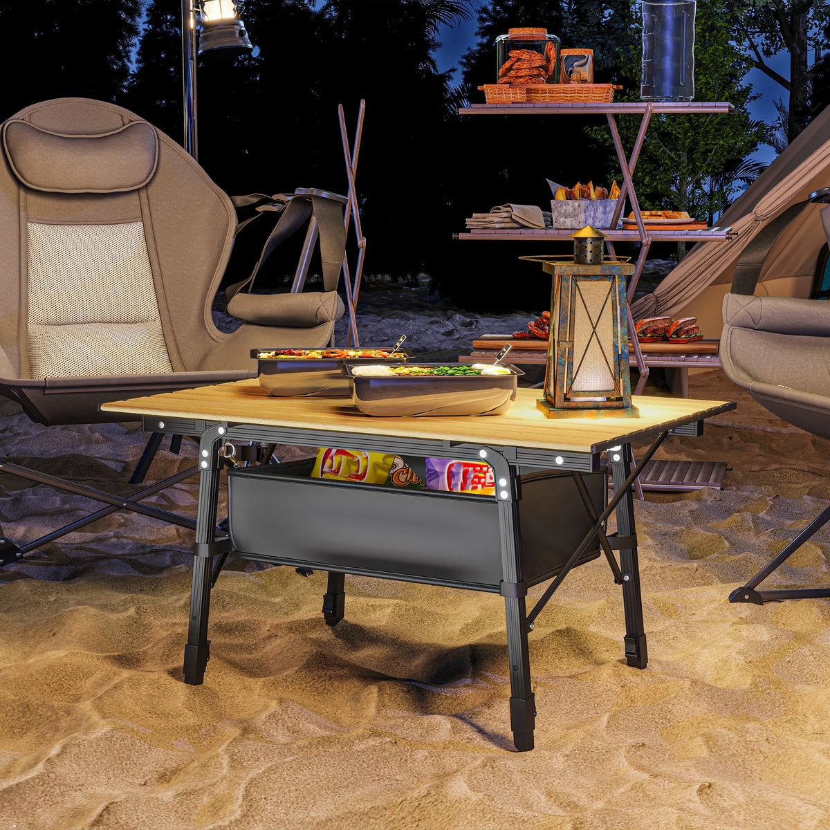 Height Adjustable Folding Camping Table with Storage Basket Portable Aluminum Outdoor Table 90 cm x 55 cm