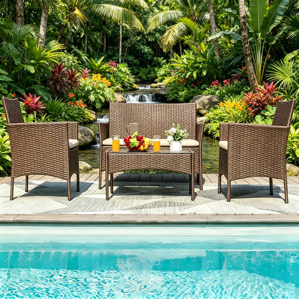 4-Piece PE Wicker Patio Conversation Set with Glass Coffee Table