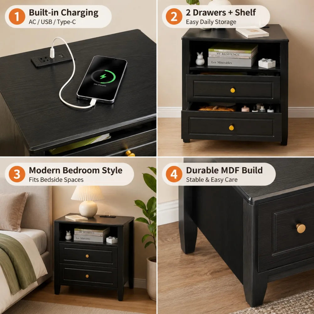 Modern Nightstand with Charging Station 2 Drawers and Open Shelf Bedside Table