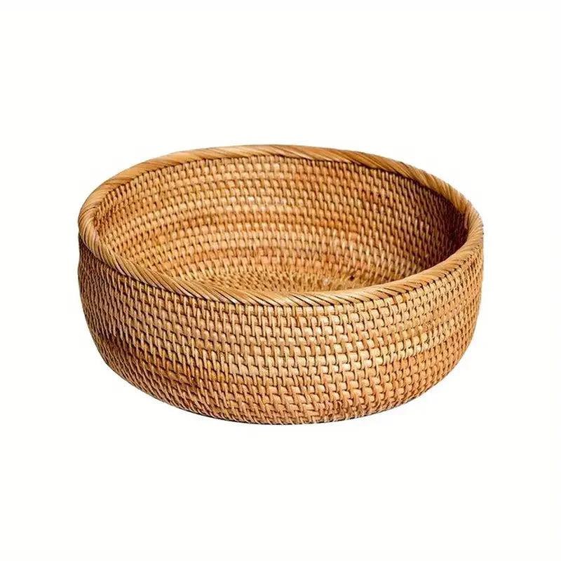 Round Hand-Woven Rattan Storage Basket Natural Wicker Desktop Organizer Box