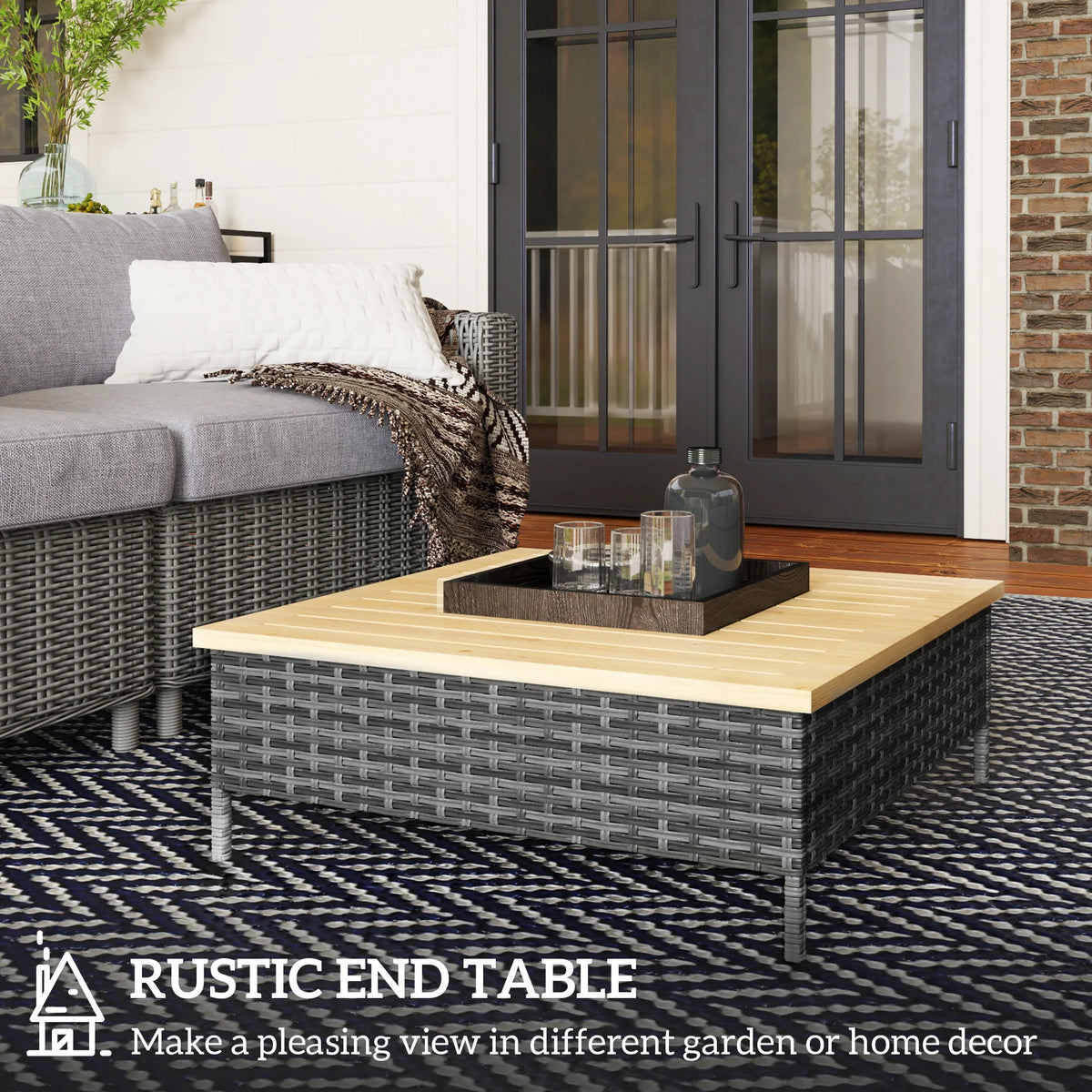 Square PE Rattan Outdoor Side Table with Fir Wood Top 70x70x25 cm
