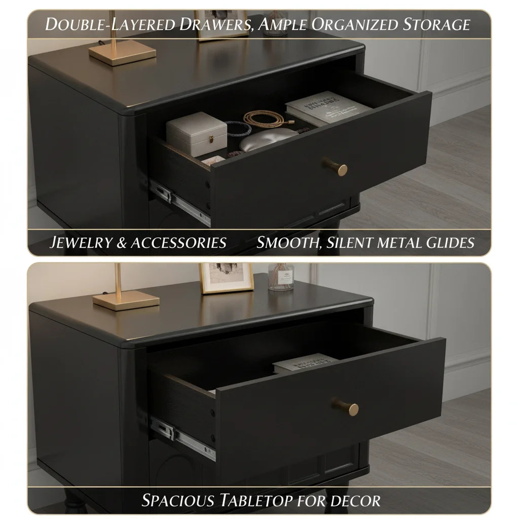 Retro Black 2-Drawer Wooden Nightstand with Metal Handles