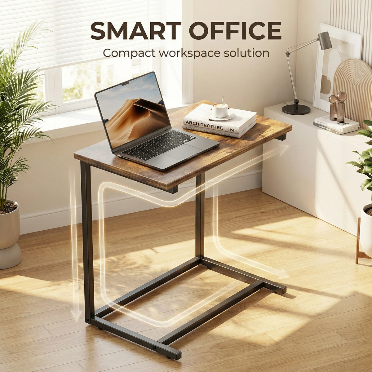 C-Shaped Metal Frame Wooden Side Table 68.6 cm High