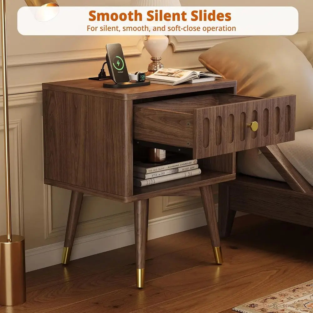 61cm Nightstand Set of 2 with Drawer Charging Station Open Shelf