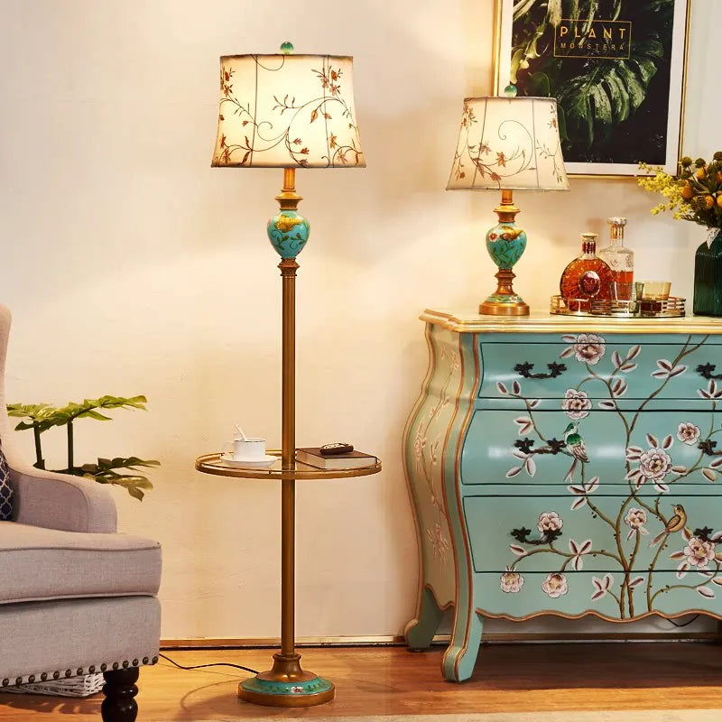 European Luxury Retro Fabric Floor Lamp with Storage Rack LED
