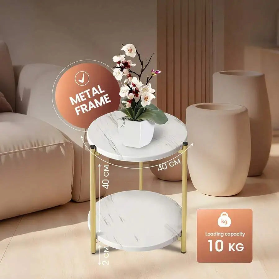 56cm Modern White 2-Tier Round Side Table with Wooden Frame