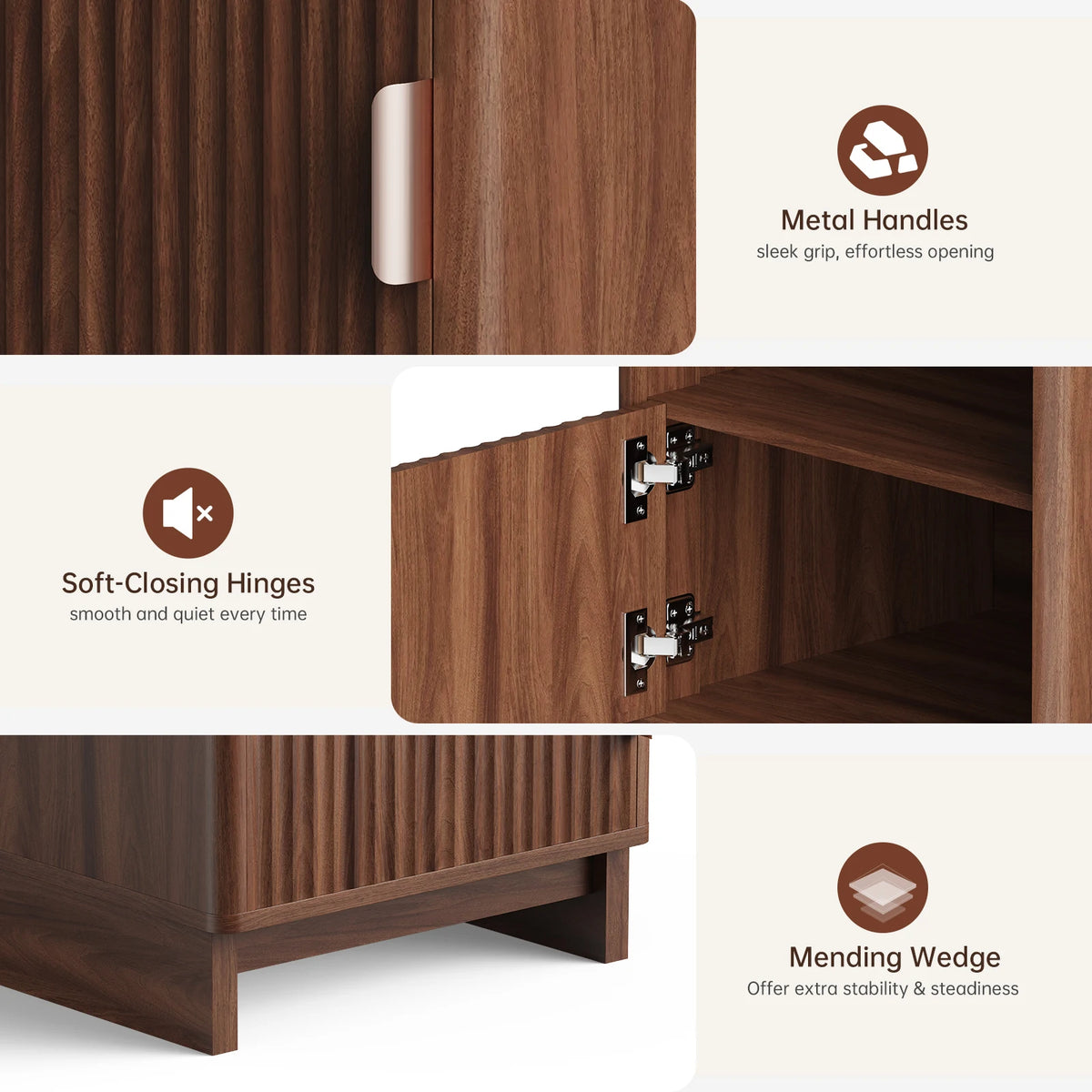 45cm Modern Fluted Bedside Table Wooden Nightstand with Charging Station