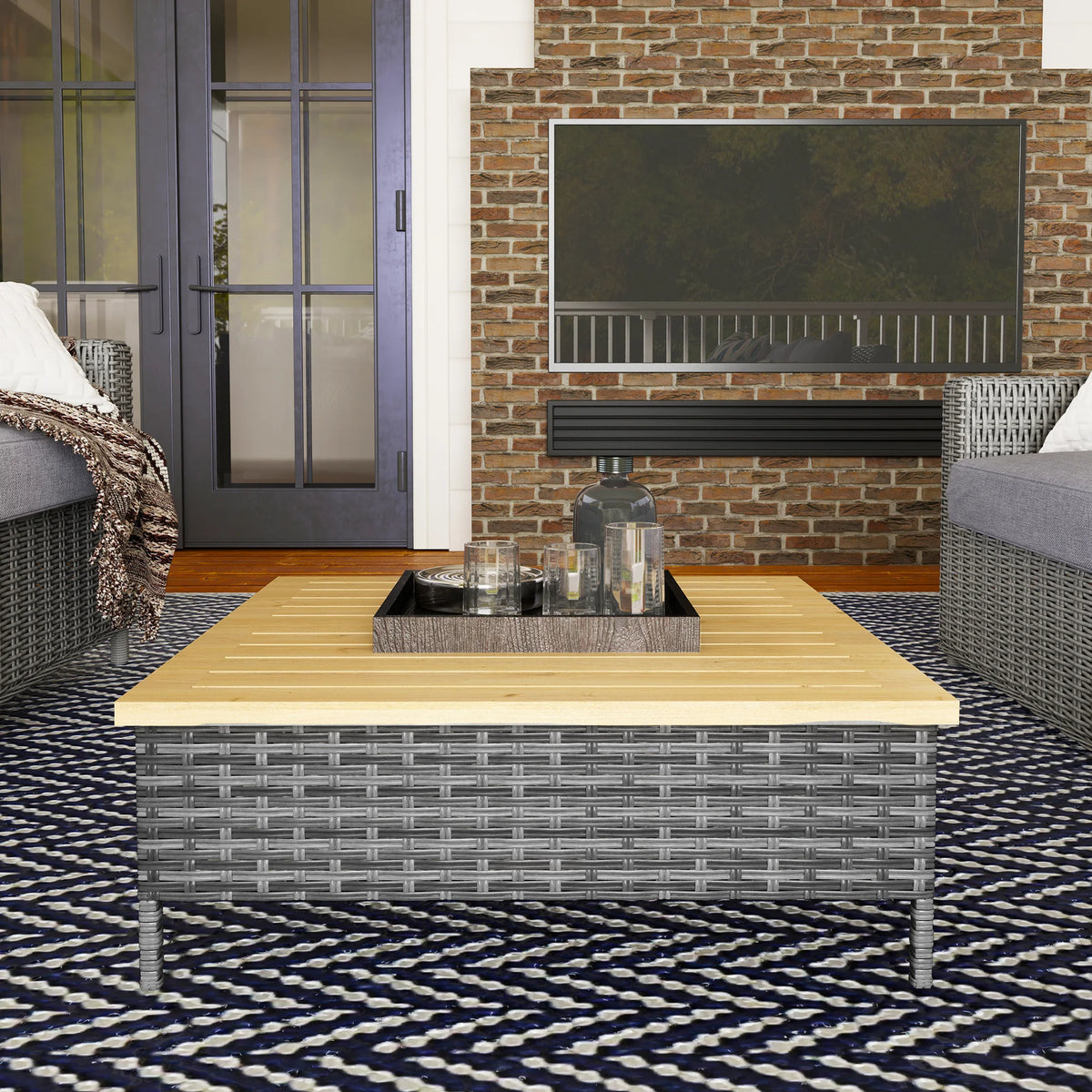 Square PE Rattan Outdoor Side Table with Fir Wood Top 70x70x25 cm