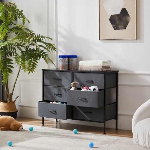 6-Drawer Fabric Nightstand Bedside Table with Metal Frame and Wooden Top
