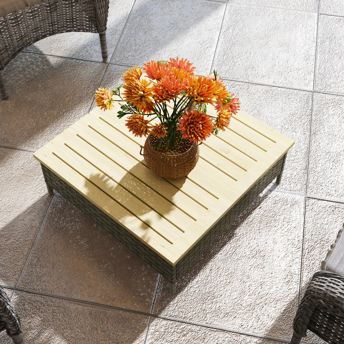 Square PE Rattan Outdoor Side Table with Fir Wood Top 70x70x25 cm