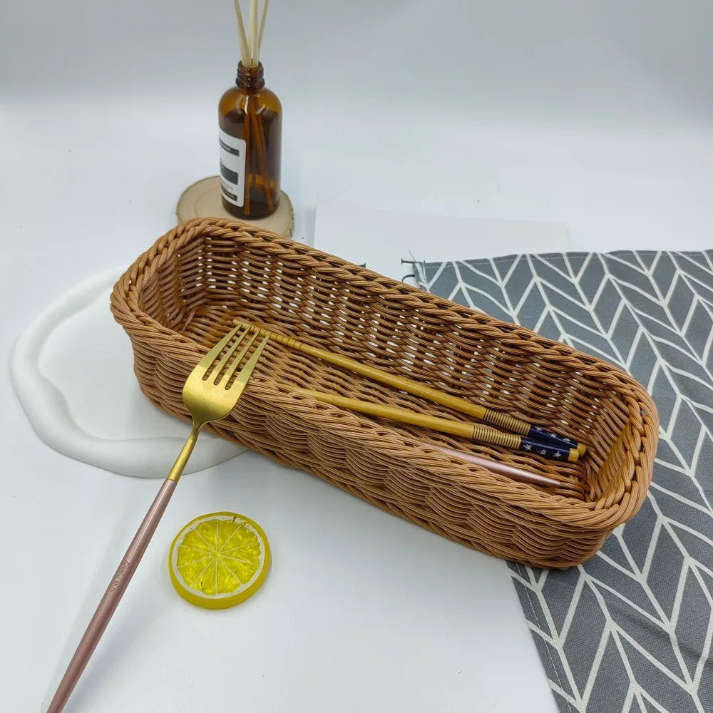 Vintage Rectangle Plastic Imitation Rattan Basket Tabletop Ornament for Home Decor
