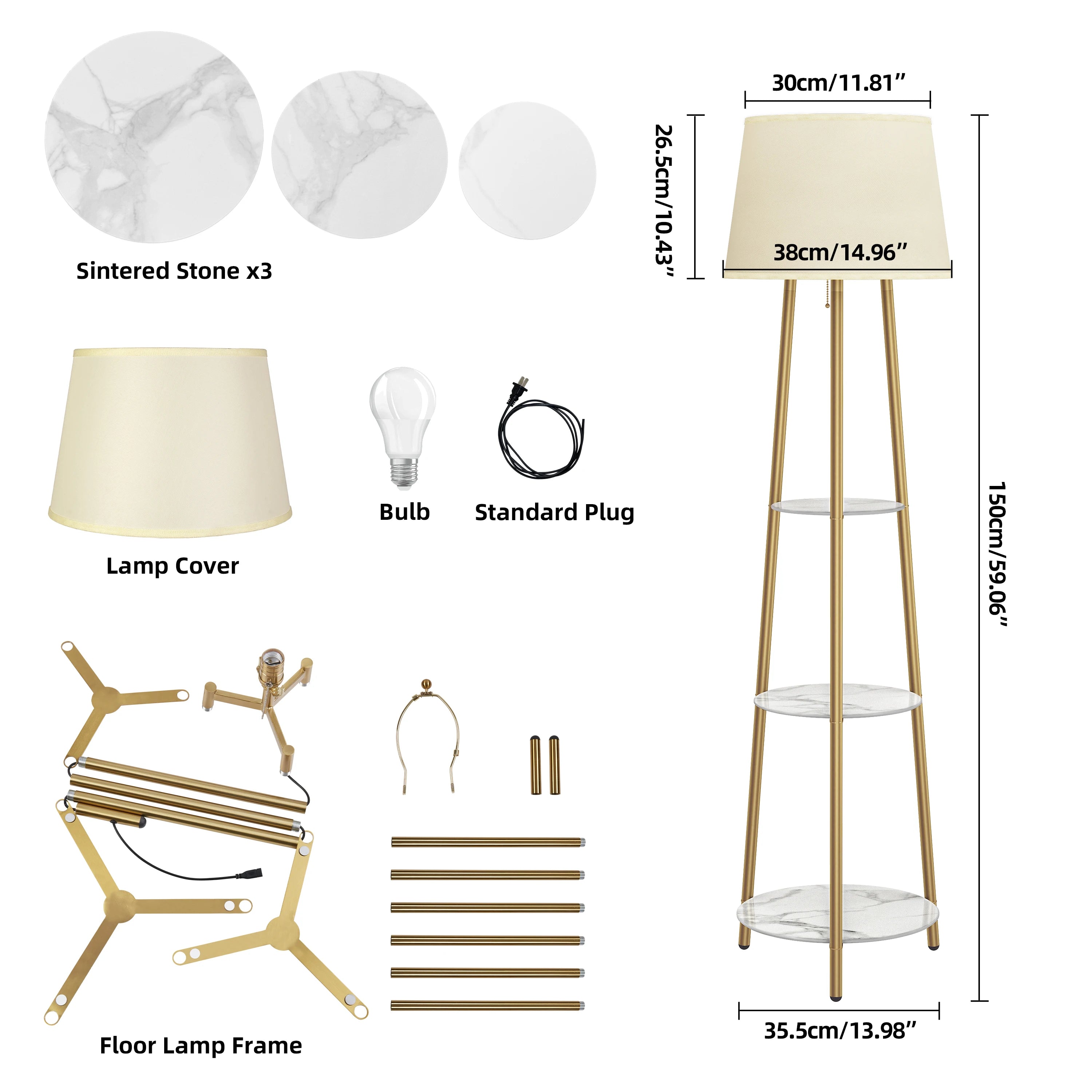 Modern Tripod Floor Lamp Free Standing Light Shade with Shelf Storage for Bedroom Living Room