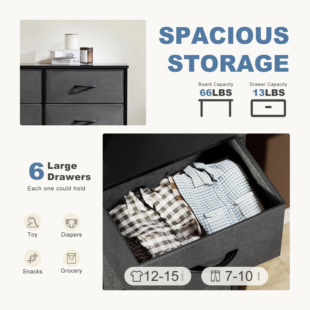 6-Drawer Fabric Nightstand Bedside Table with Metal Frame and Wooden Top