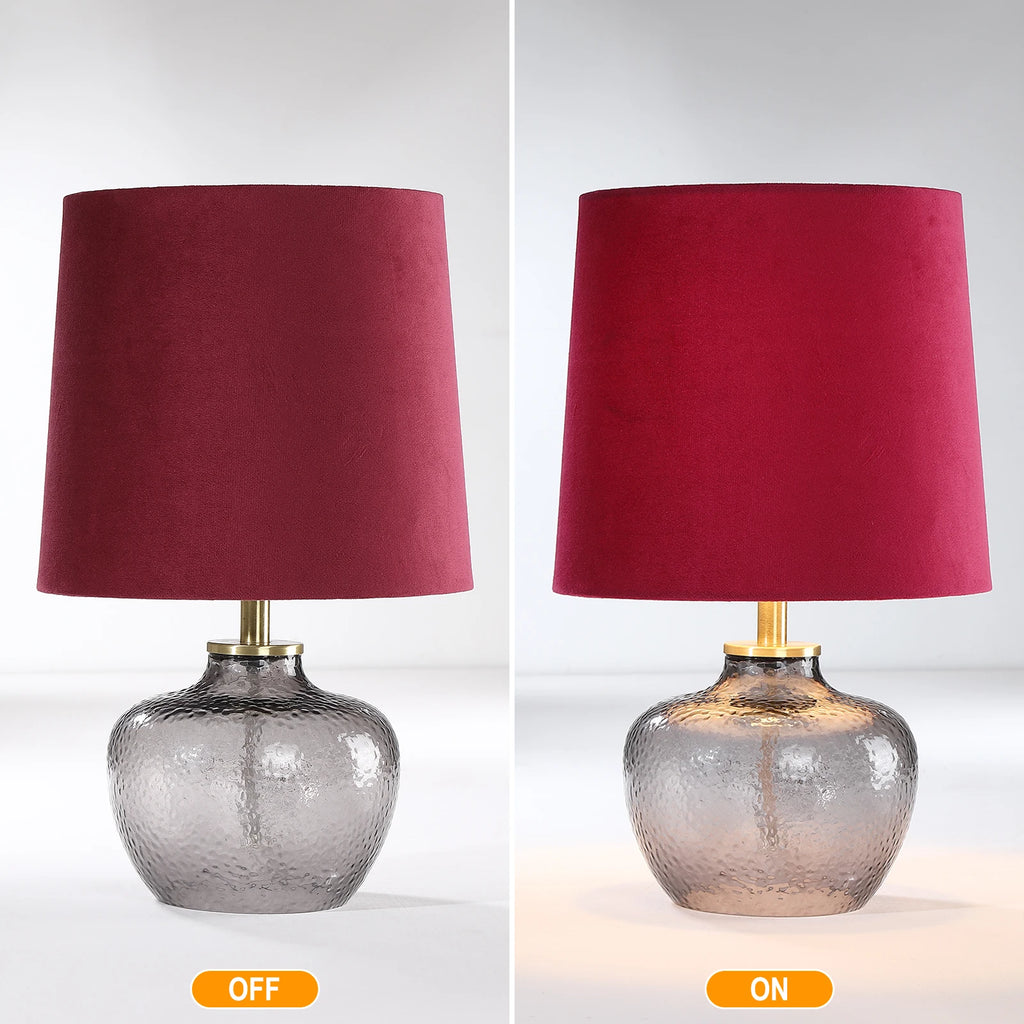 Modern Minimalist 15-Inch Glass Table Lamp Smoky Gray Velvet Red Shade