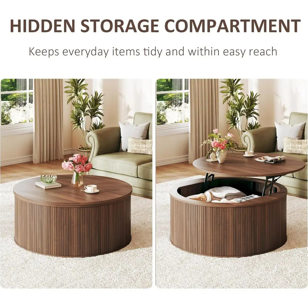 80cm Modern Round Lift-Top Coffee Table Rustic Wood Walnut with Storage
