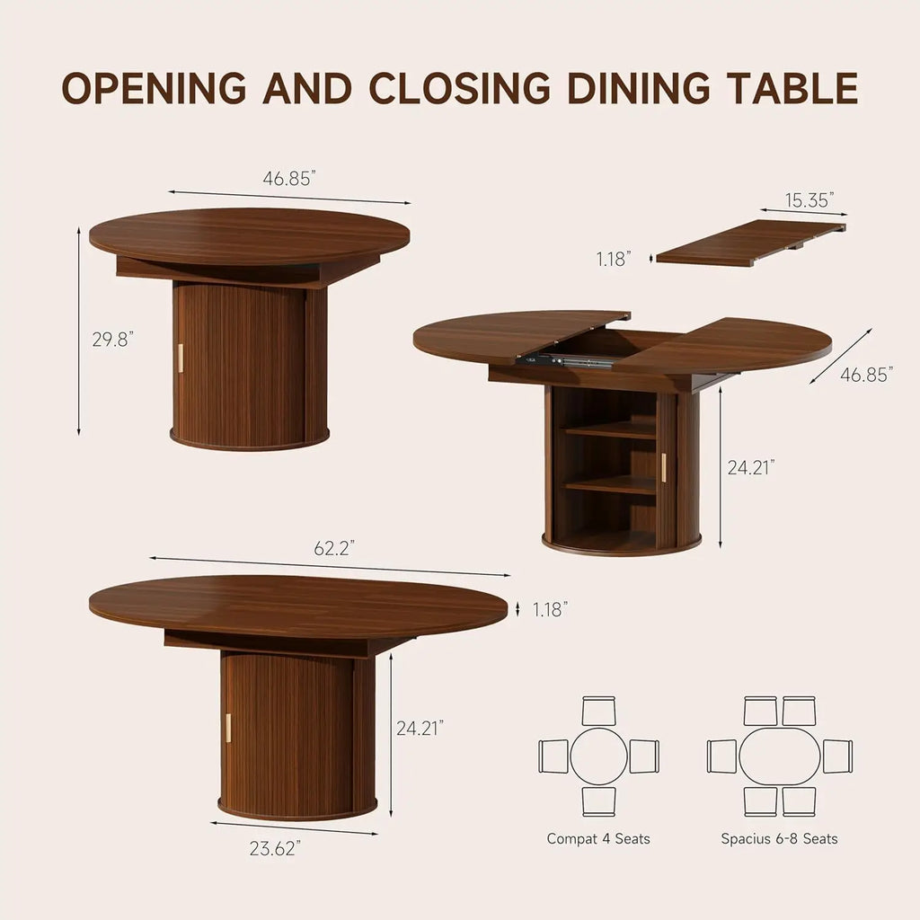 Modern Extendable Round Dining Table with Storage Cabinet