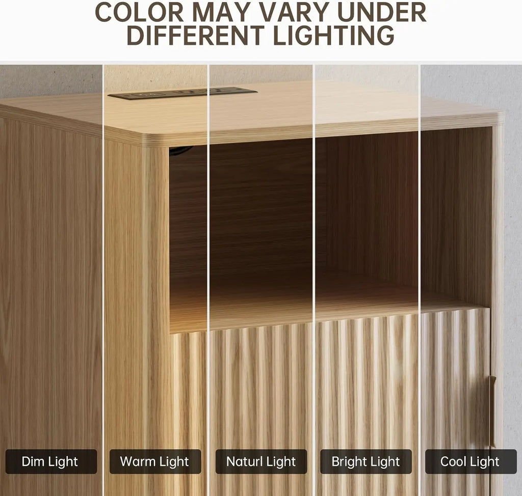 Fluted Wooden Nightstand with USB-C Charging Station and Open Shelf