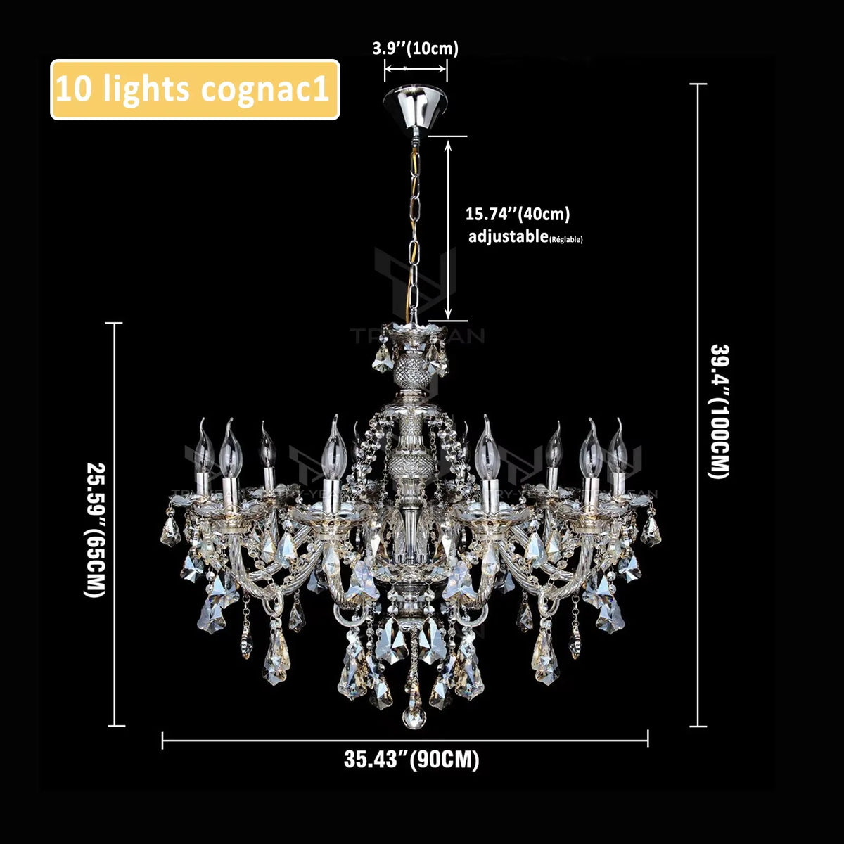 10-Light Clear Cognac Crystal Chandelier Ceiling Light Gold