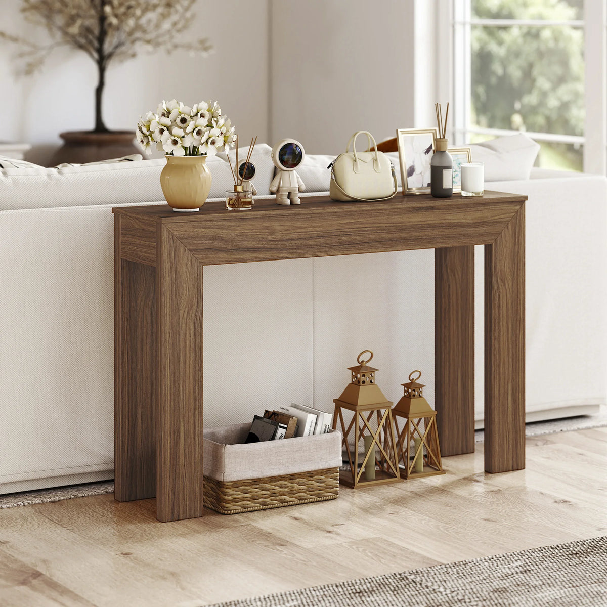 Modern Narrow Console Table 120cm Entryway Sofa Table Behind Couch Living Room Hallway Walnut