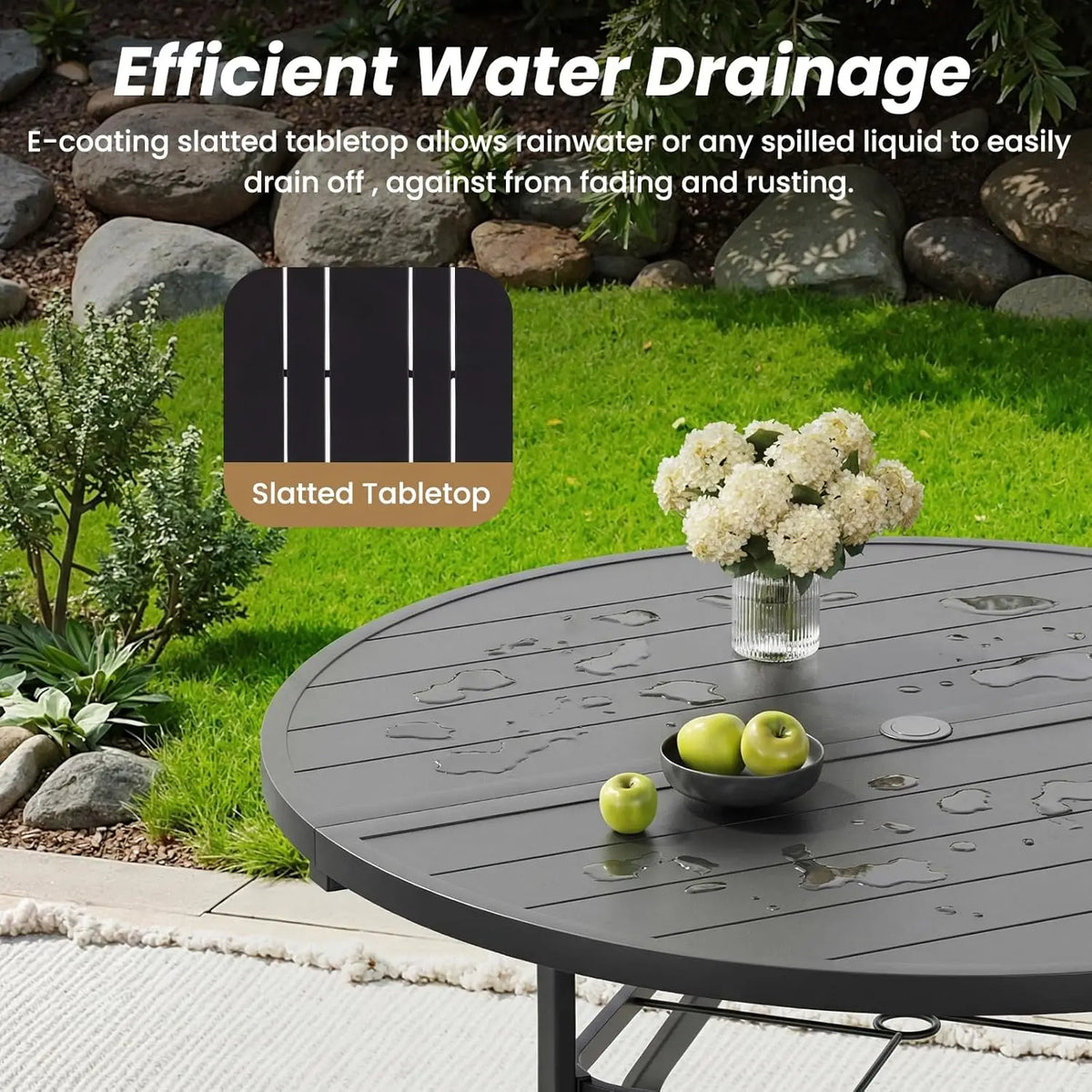 41 in Round Metal Patio Dining Table with Umbrella Hole Black